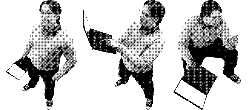 Uma sequência de 3 fotos minhas, com efeito de dithering. As fotos foram tiradas de cima, na primeira estou usando o meu computador, na segunda estou fazendo uma pose segurando ele e na terceira estou observando um pequeno dispositivo.